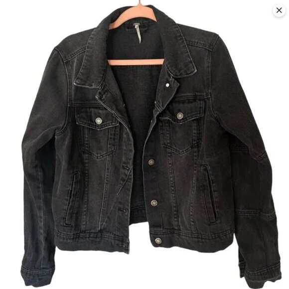Free People Jolene Oversized Trucker Denim Jean Jacket In Black Large - Picture 6 of 8